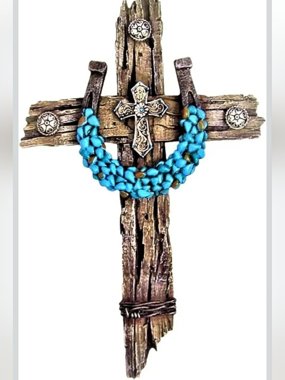 Rustic Drifted Wood Look Wall Cross - Turquoise Decor Horseshoe Wall Art